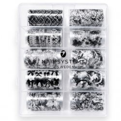 Bow Affair Foil Box innehåller 10 transparenta transferfolier med svarta och vita designer som rosetter, fjärilar, sidenband, ko