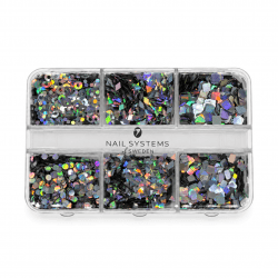 Geo Holo Box med 6 fack silvriga holografiska paljetter