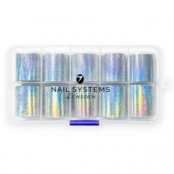 Holo Illusion Foil Box innehåller 10 transparenta holografiska transferfolier med abstrakta mönster, snöflingor, mandalas, växte