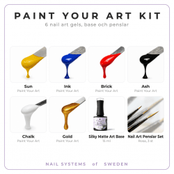 Paint Your Art Kit med sex nail art-gels, Silky Matte Art Base och tre nail art-penslar