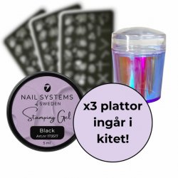 Komplett stamping kit med svart stamping gel, stämpelverktyg och 3 valfria plattor – spara 20 %!