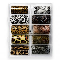 Untamed Foil Box innehåller 10 transferfolier med leopard, tiger, orm och andra animal prints i mixade designer. Flera folier ha