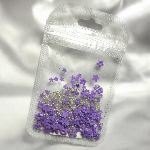 Kawaii Flowers Purple – dekorativa blommor och caviar-kulor för nageldekoration