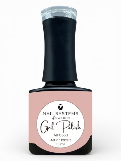 All Good är en neutral och täckande nude gelpolish med balanserad underton. Perfekt basfärg för stilrena och moderna naglar.