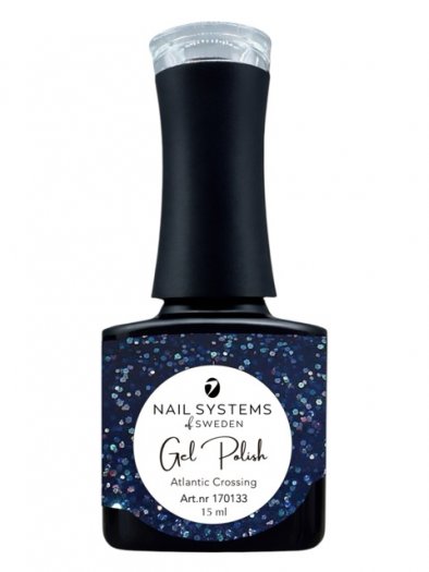 Blue glitter gel polish from Nail Systems that gives the nails a sparkling and elegant look.