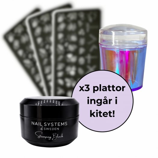 Komplett stamping kit med svart stamping gel, stämpelverktyg och 3 valfria plattor – spara 20 %!