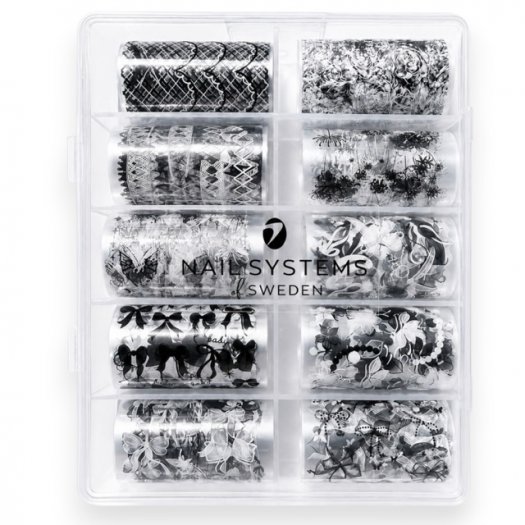 Bow Affair Foil Box innehåller 10 transparenta transferfolier med svarta och vita designer som rosetter, fjärilar, sidenband, ko