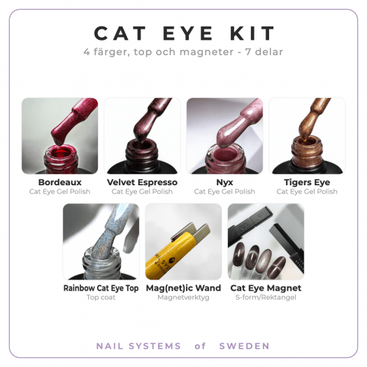 Cat Eye Kit with four cat eye gel polishes, Rainbow Cat Eye Top and two magnet tools