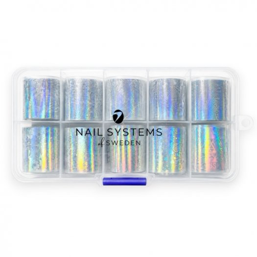 Holo Illusion Foil Box innehåller 10 transparenta holografiska transferfolier med abstrakta mönster, snöflingor, mandalas, växte