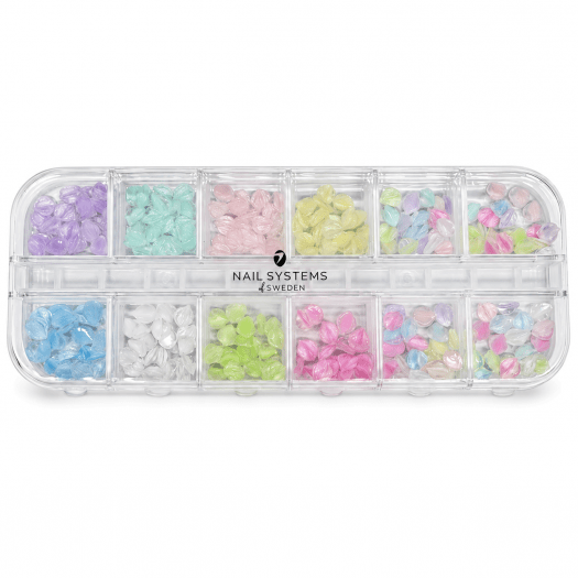 Glass Petals Box med 12 fack genomskinliga kronblad i pastell