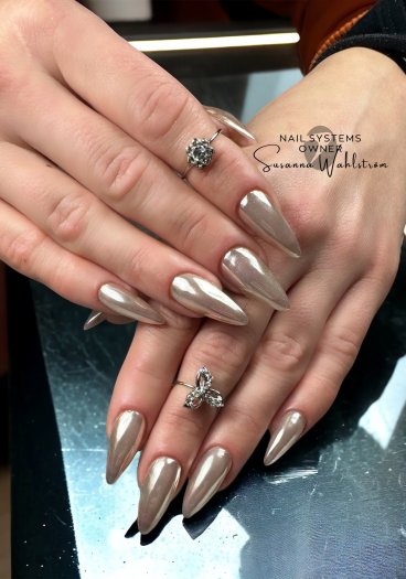 Warm Silver Chrome Powder – använd på klibbig yta för glittrig effekt eller på torr top coat för spegelkrom. Fungerar även som m