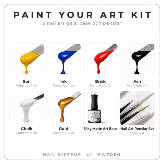 Paint Your Art Kit med sex nail art-gels, Silky Matte Art Base och tre nail art-penslar