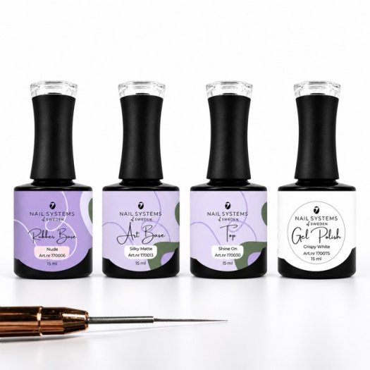 Create clean and long-lasting french nails with the NS Perfect French Kit. Includes Rubber Base Nude, Crispy White, Silky Matte,