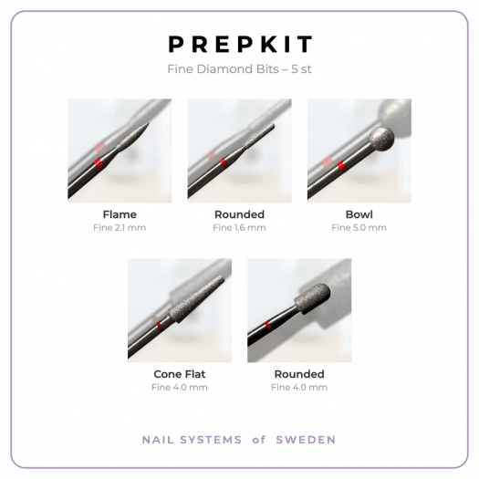 Prep Kit Diamond Bits - Fine med fem fina diamantbits för professionellt nagelprep, rengöring av nagelband och precisionsarbete