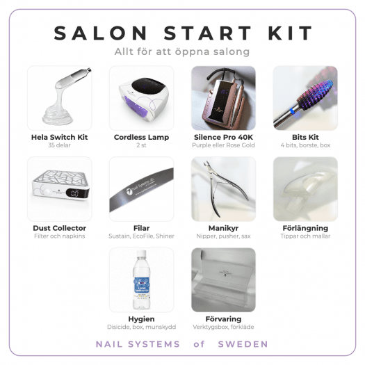 Salon Start Kit med produkter, lampor, elfil, verktyg och hygien för att öppna salong